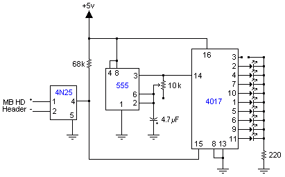 Circuit diagram, 555 timer chip clocks a 4017 chip. An 4N25 protects the computer